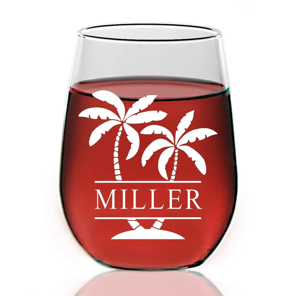 Personalized Stemless Wine Glass, Palm Tree Wine Glass, Split Monogram Wine glass, Custom wine glass Bridesmaid Gift, Engraved Wine Glass