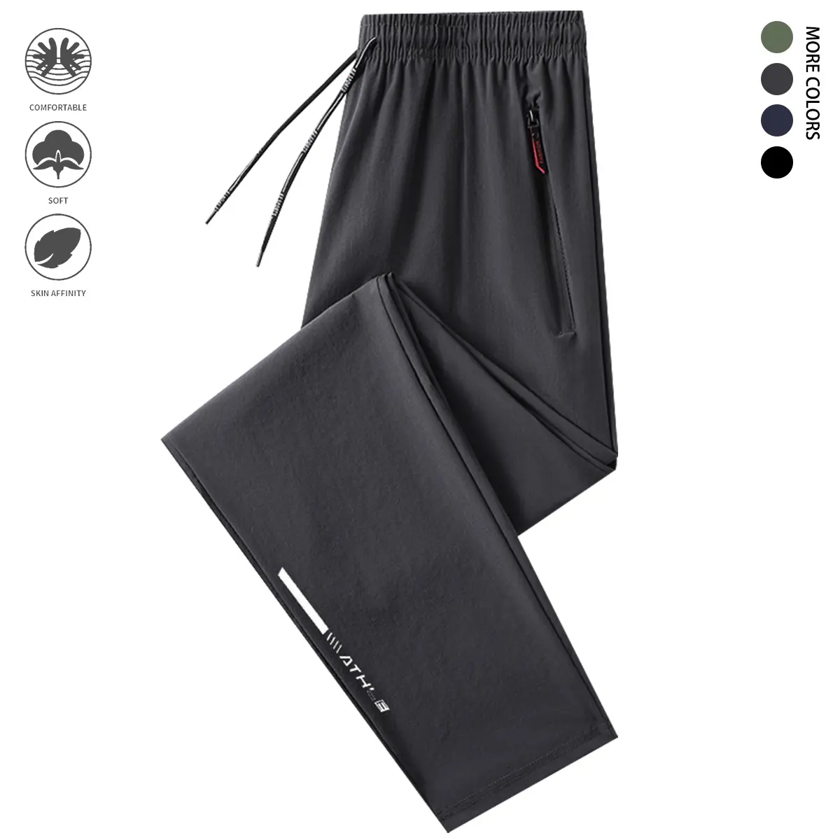 Men’s running pants with zippered pockets and lightweight fabric; suitable for workouts and sports activities; drawstring waist design; ideal for spring, summer, and autumn; summer slim-fit athletic wear made from spandex, suitable for the gym.