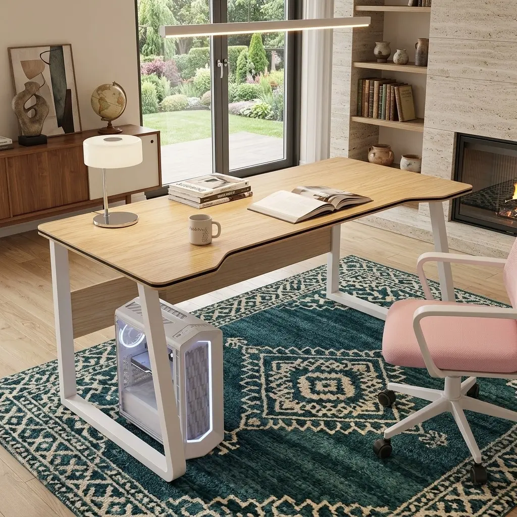 Minimalist Sturdy Computer Desk - Modern Wooden PC Table with Anti-bump Corners, Arc Edges, Floor-safe Pads, for Home Office Student Workstation