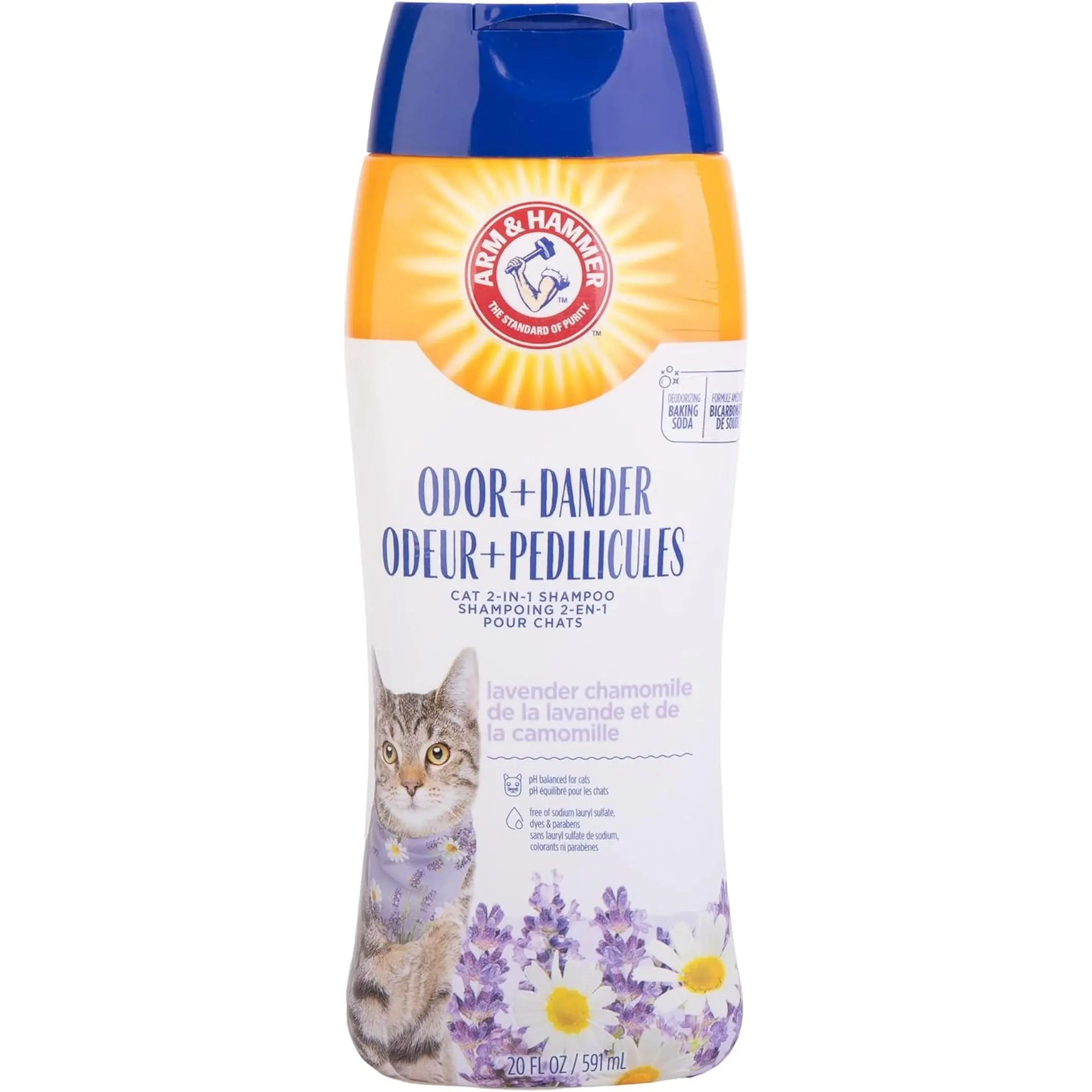 2-In-1 Deodorizing & Dander Reducing Shampoo for Cats, Baking Soda Cat Shampoo for Dander, Odor Control and Coat Cleaning, Lavender Chamomile Scent, 20 Fl Oz