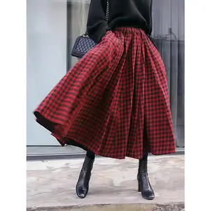 Women’s French vintage plaid midi skirt, high-waisted pleated long skirt with an elegant and versatile design, comfortable non-stretch A-line flared skirt for autumn and winter, suitable for everyday wear and office attire
