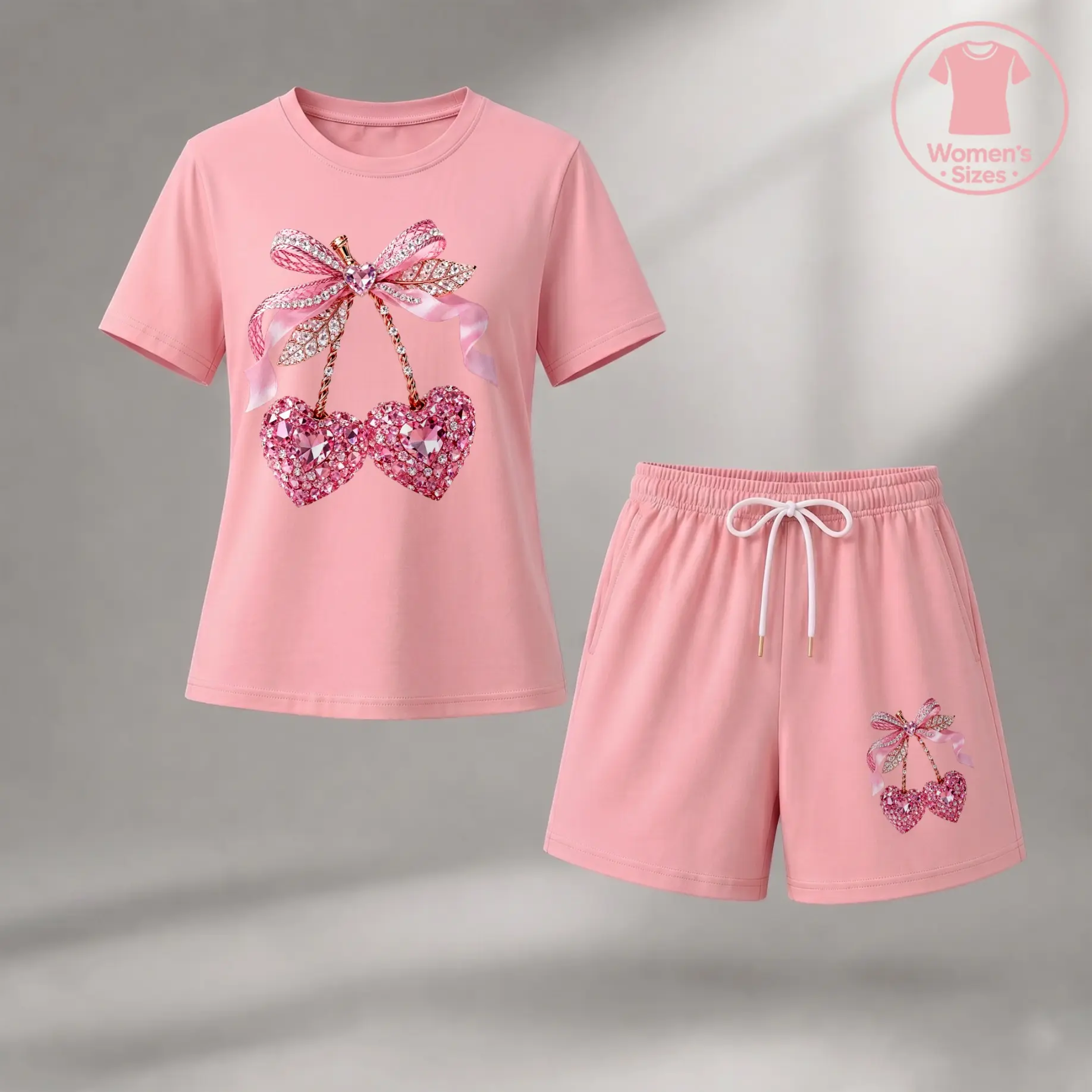 Women’s Pink Heart Cherry Print 2 Piece Shorts Set, Casual Short Sleeve T Shirt and Elastic Waist Shorts Matching Outfit, Sweet Bow Graphic Summer Lounge Set for Vacation, Weekend Wear and Everyday Comfort