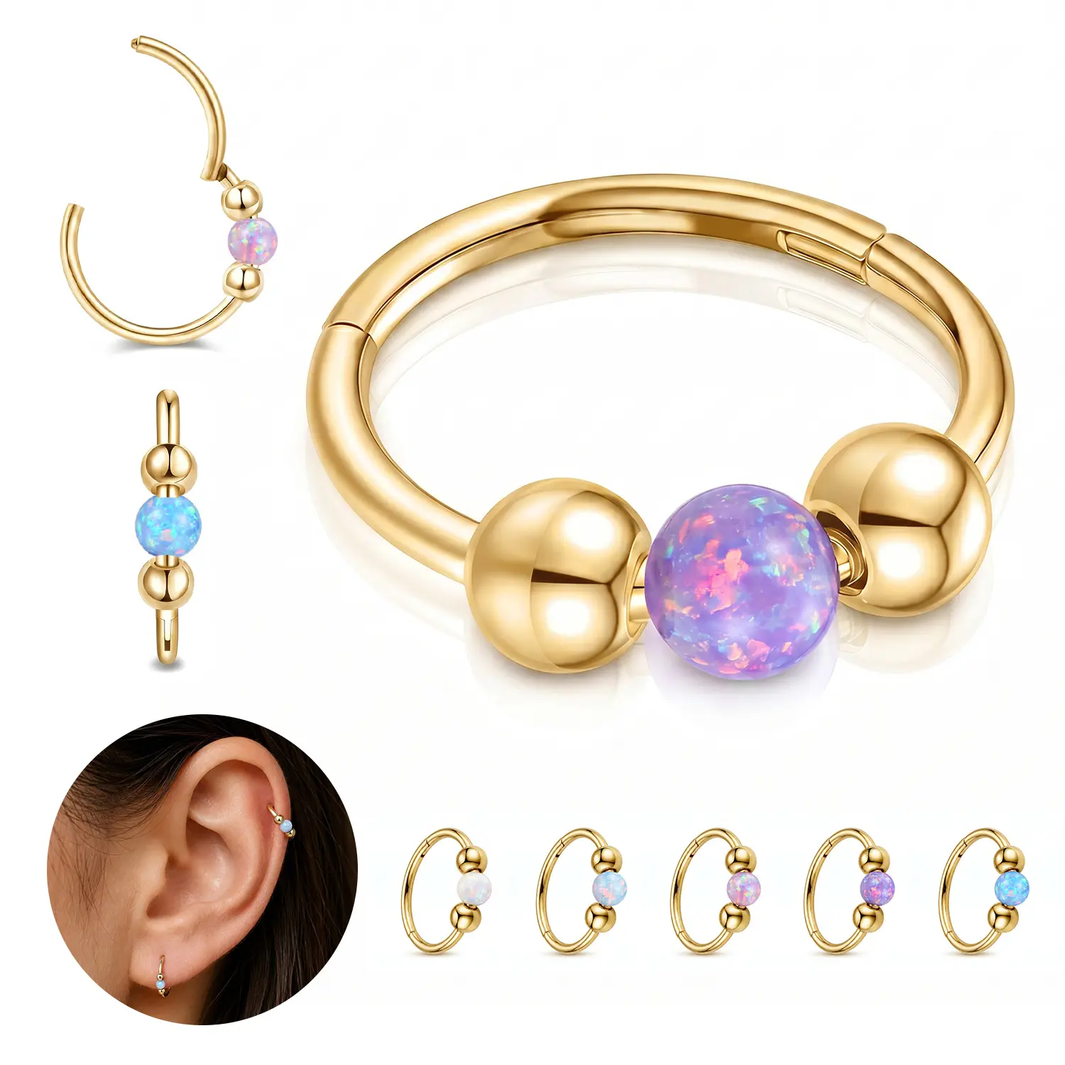 5-Pack 18G Opal Silver Hoop Earrings, 316L Stainless Steel Huggie Hoops for Helix, Tragus, Conch, Rook & Earlobe