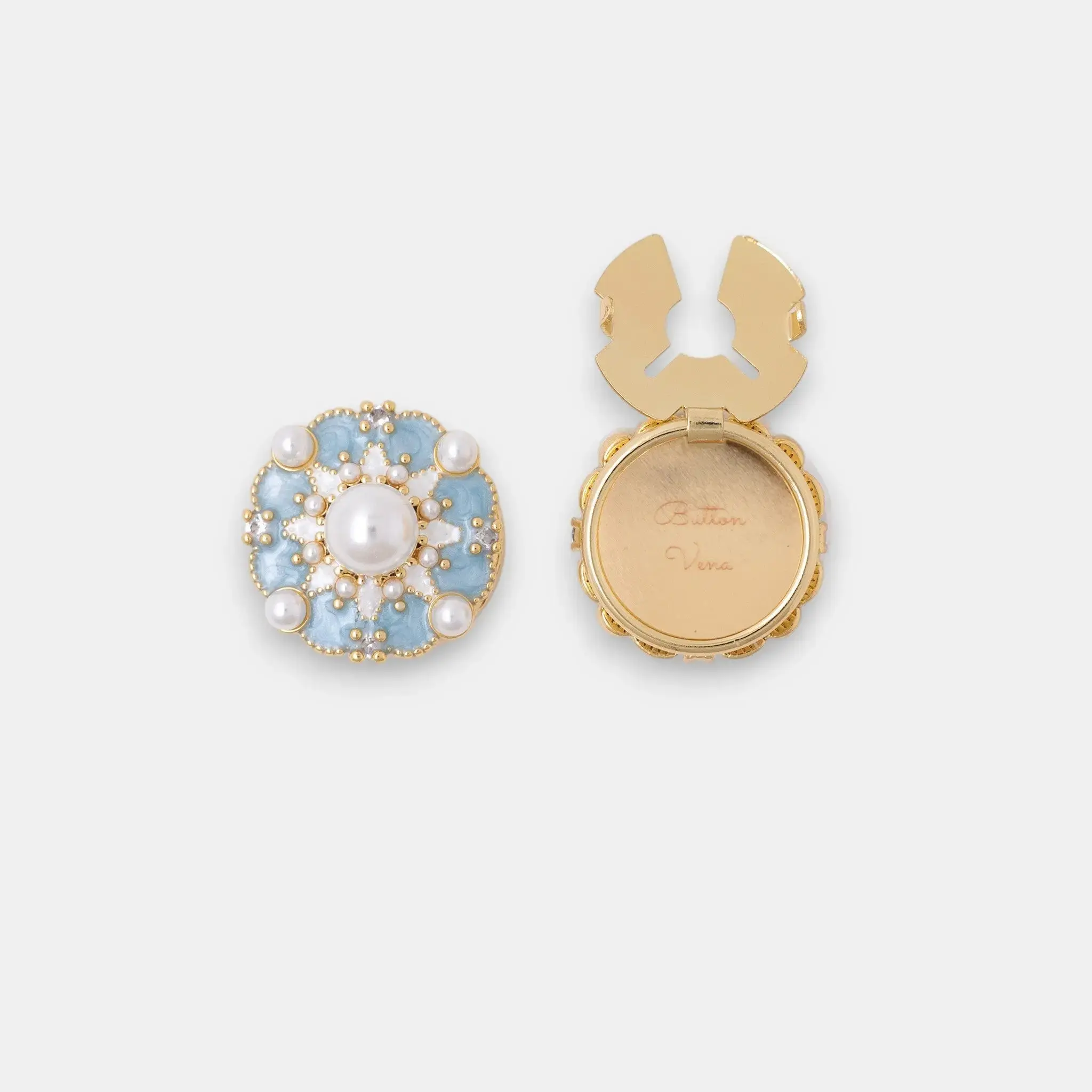 MACARON D'AZURE - 1 SET (2Pcs) Clip-On Clothing Buttons – 22K Gold Plated Enamel Detail with Crystal Accent