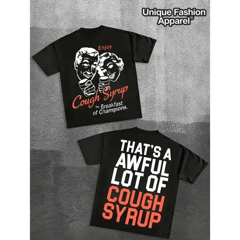 JUICEBUSTERS AWFUL COUGH SYRUP, (7.76 oz, 100% cotton T-shirt) [For tops only] Men's basic T-shirt, loose fit, street style, hip-hop style, neutral fashion, short sleeves, comfortable casual wear. graphic tee graphic tees