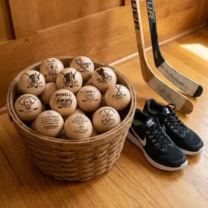 Personalized Swedish Stickhandling Balls, Hardwood No Bounce Hockey Floorball Training Ball, Engraved Coach & Player Gift Youth Hockey Travel Leagues Training Aid