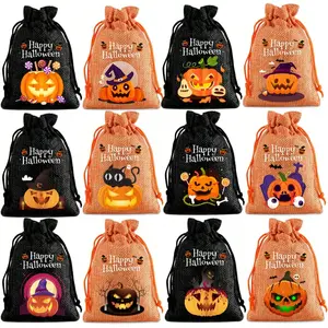 Halloween Burlap Candy Bags, 6/12 Pack with Drawstring, Gift Candy Bags for Kids, Perfect for Halloween Party Gifts