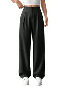 YYTK2025NOV002 Women's Solid Color Plicated Pocket Wide Leg Pants, Elegant Zipper Fly Trousers for Work Office Business, Ladies Spring & Fall Clothes,Elegant Zipper Winged Pants, Suitable for Office Business, Spring Fall Fashion,