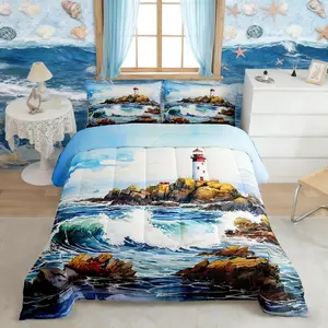 Sea Lighthouse Comforter Set,Watercolor Blue Ocean Oil Painting Bedding Set for Kids Boys Men,Reef Sea Wave Sky Hawaiian Scenery Quilted Duvet Set