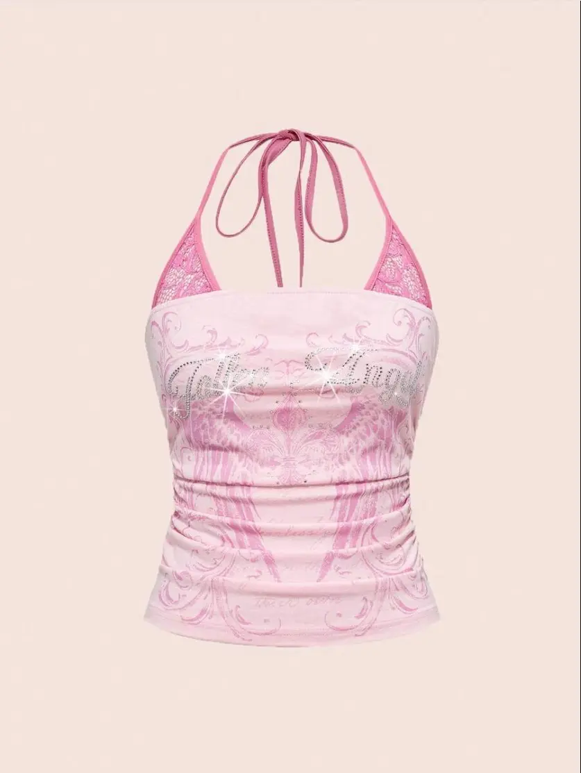PULSE x J-Fashion Spring/Summer Y2K Concert Punk Wing Print 2 In 1 Contrast Lace Sleeveless Halter Top