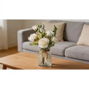 Artificial Rose Arrangement with Vase, White Silk Faux Flowers. Stylish decorative centerpiece for dining tables, home and office decor.   SURE