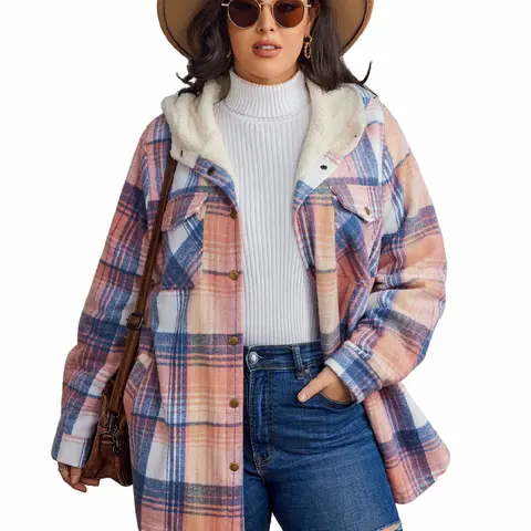 IN'VOLAND Women's Plus Size Checkered Style Fleece-Lined Flannel Shacket - Cotton Fabric Longsleeves Button Front Easy On/Off Casual Baggy Medium-Length Coat with Deep Side Pockets, Outdoor Holiday Tops (Women's Plus Size Clothing)