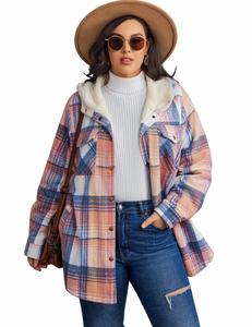 Women's Plus Size Fashion Flannel Plaid Shacket - Loose-Fit Cotton Blend Fabric, Long-Sleeve Button-Down Hooded Fleece Jacket Shirt, Fall Winter Outdoor Casual Top