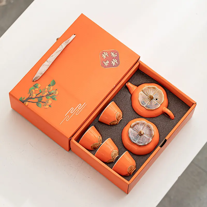 Large Persimmon Ceramic Tea Set (Large Set) - Complete Kitchenware with Teapot, Tea Cups and Saucers, Custom Gift Box, Souvenir, Persimmon Tea Set (Large Set)