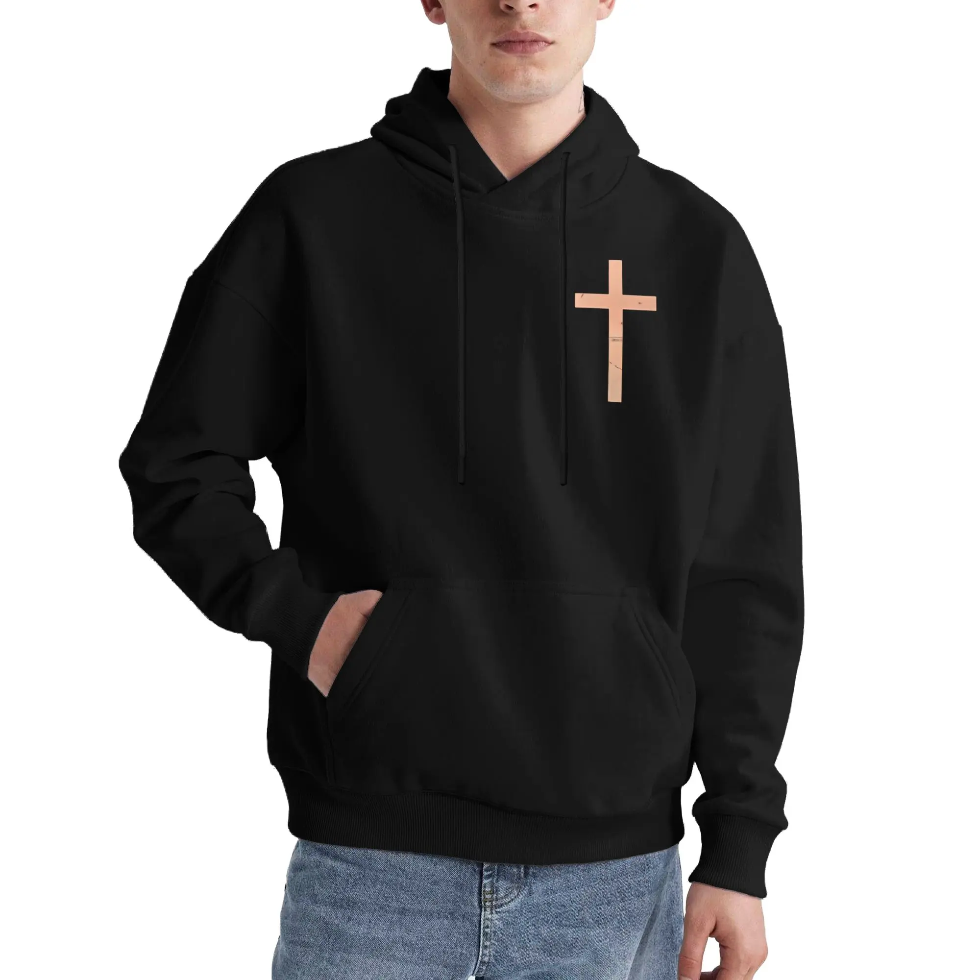 Men's Christian Faith Minimalist Cross Hoodie, Casual Long Sleeve Cotton Blend Pullover Sweatshirt with Kangaroo Pocket, Tops