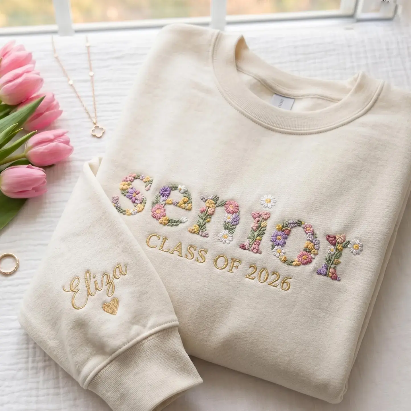 Custom Embroidered Senior Floral Shirt, Embroidery Cute Shirt, Note Year And Name For Custom