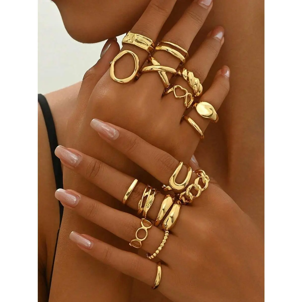 12/16pcs Geometric Asymmetrical European & American Luxury Heart Design Open Ring Set, Unique Personalized Rings Suitable For Women Party, Date, Ball, Birthday Gift, Daily Matching