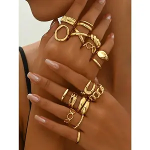 12/16pcs Geometric Asymmetrical European & American Luxury Heart Design Open Ring Set, Unique Personalized Rings Suitable For Women Party, Date, Ball, Birthday Gift, Daily Matching