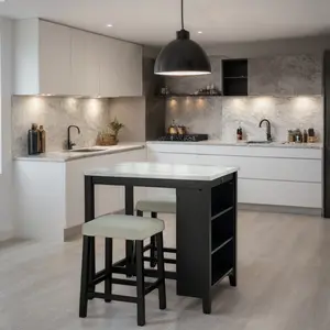 Ashton 3-Piece Counter-Height Dining Set with Faux Marble Top & USB Charging Ports, Plush Chenille Fabric Cushions & Side Storage Shelves