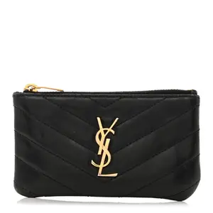 Pre-owned Yves Saint Laurent Leather Small Leather Goods Calfskin Matelasse Monogram Key Pouch Black