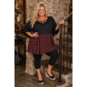 100 CP {Clear To See} Black Red Ditsy Floral Cross Neck Tunic EXTENDED PLUS SIZE 1X 2X 3X 4X 5X