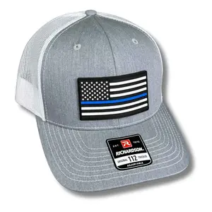 Blue Line American Flag PVC Patch Hats - Support Police - Richardson 112, FLEXFIT Fitted - Ponytail Caps