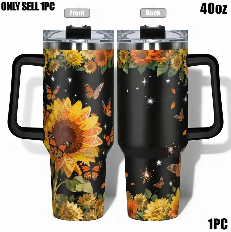 [Gift Box Included] 40oz, 20oz Sunflower Stainless Steel Tumbler with Handle and Straw, Double Wall Vacuum Insulated Travel Mug, Leakproof, Fits Car Cup Holder, Hot & Cold Drink Cup, Gift for Women