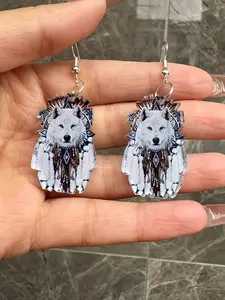 [White Wolf Earrings] 2D Flat A Pair 2D Flat Fashion White Wolf Acrylic Dangle Earrings, Vintage Elegant Style, for Halloween, Daily Party Occasion, All Seasons-2D Flat
