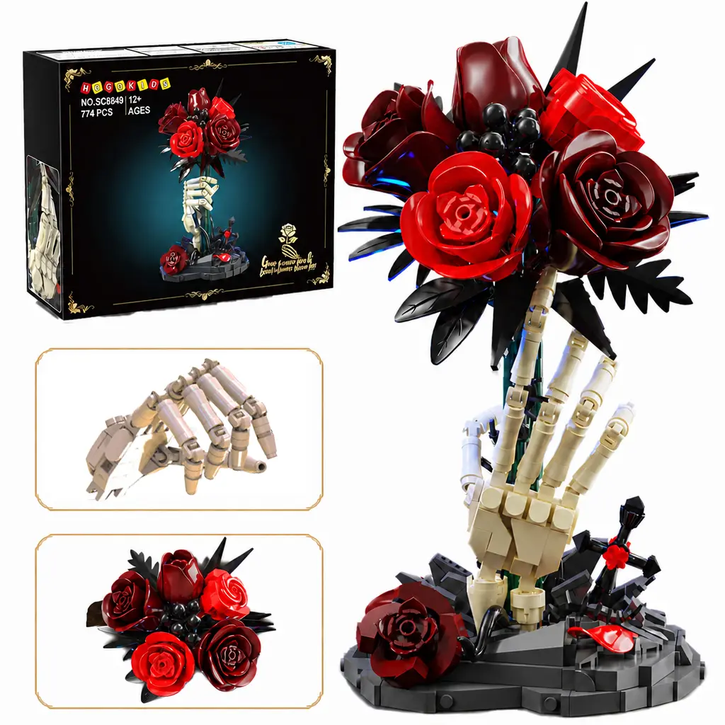 Hogokids Skeleton Hand Bouquet Building Set, 774 Pieces Gothic Halloween Red Rose Model Kit for Building Toy Lovers, Blue Light Strip, Dual Transformable Hand Poses Display, Halloween Decor Collectible Piece, 12+