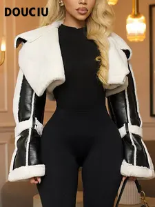 DOUCIU New Autumn And Winter Fashion Personality All-Match Hip-Hop Joint Cool Loose Casual Warm Ladies Retro Pu Leather Contrast Color Cardigan Short Jacket