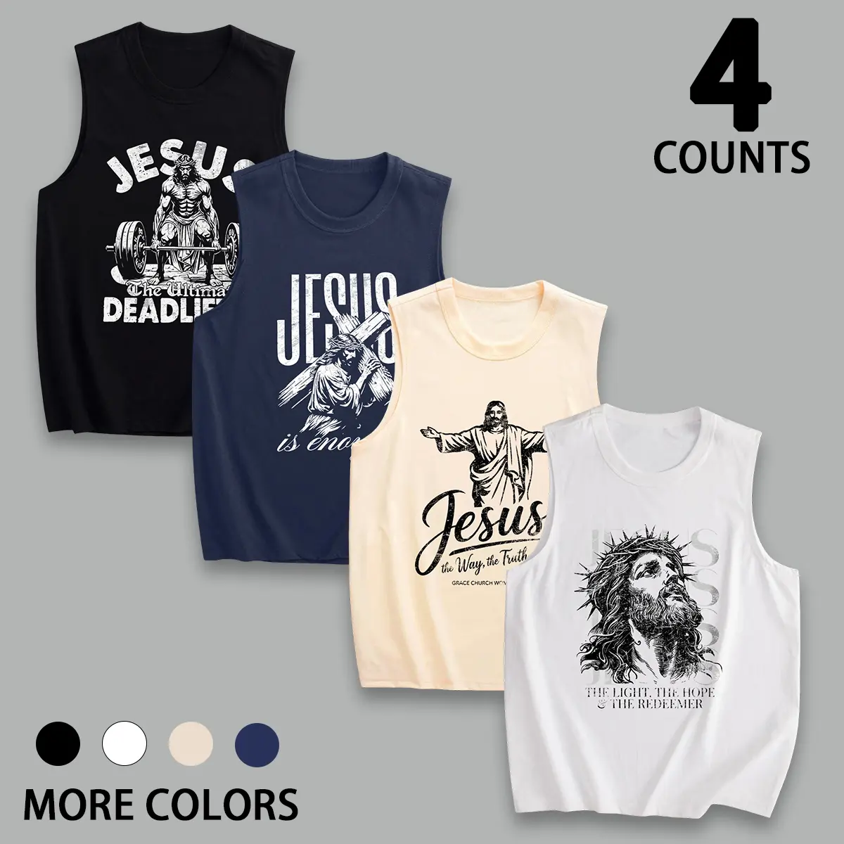 Men's Stylish Round Neck Jesus Printed Tank Top - Regular Fit Athletic Undershirt, All-Season Daily Wear Menswear Sleeveless Gym Vest, Casual, Outdoor, All Seasons, Polyester, Faith‑Forward Look