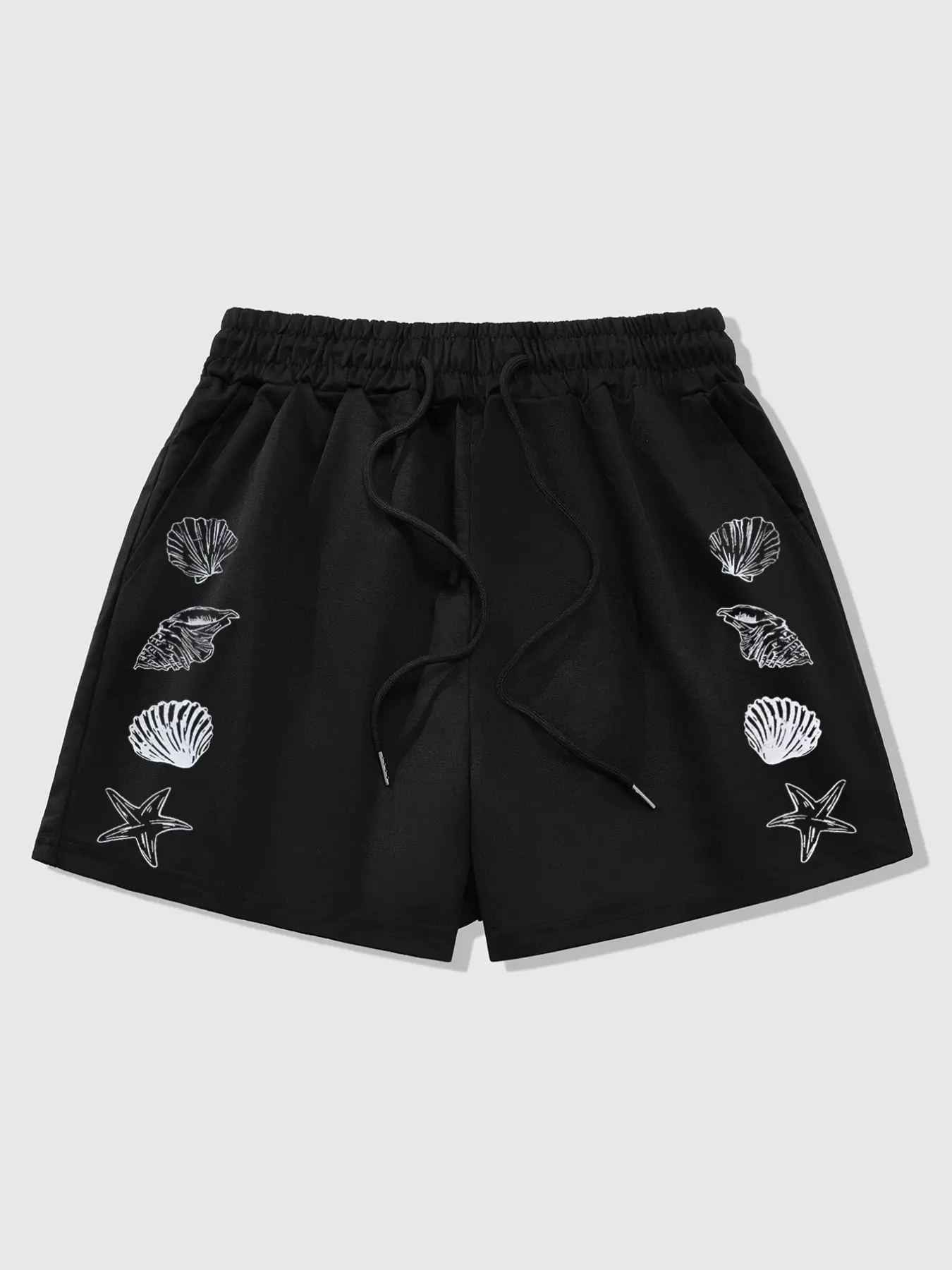 Summer Beach Vacation Shell Print Drawstring Casual Shorts for Women | Comfy Soft Knit Elastic Waist Shorts | Trendy Coastal Starfish & Seashell Graphic Loose Fit Shorts for Daily Wear, Holiday Outfits, Streetwear, Y2K Aesthetic & Beach Loungewear Style