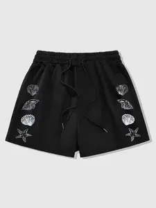 Summer Beach Vacation Shell Print Drawstring Casual Shorts for Women | Comfy Soft Knit Elastic Waist Shorts | Trendy Coastal Starfish & Seashell Graphic Loose Fit Shorts for Daily Wear, Holiday Outfits, Streetwear, Y2K Aesthetic & Beach Loungewear Style