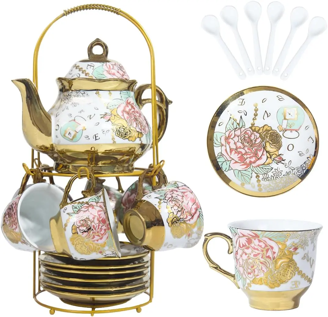 CHANJOON Gold Plated Red Rose Ceramic Tea Set, Vintage Tea Sets with Teapot, Beautiful Tea Set Coffee Serving 6 People (Golden, Medium)