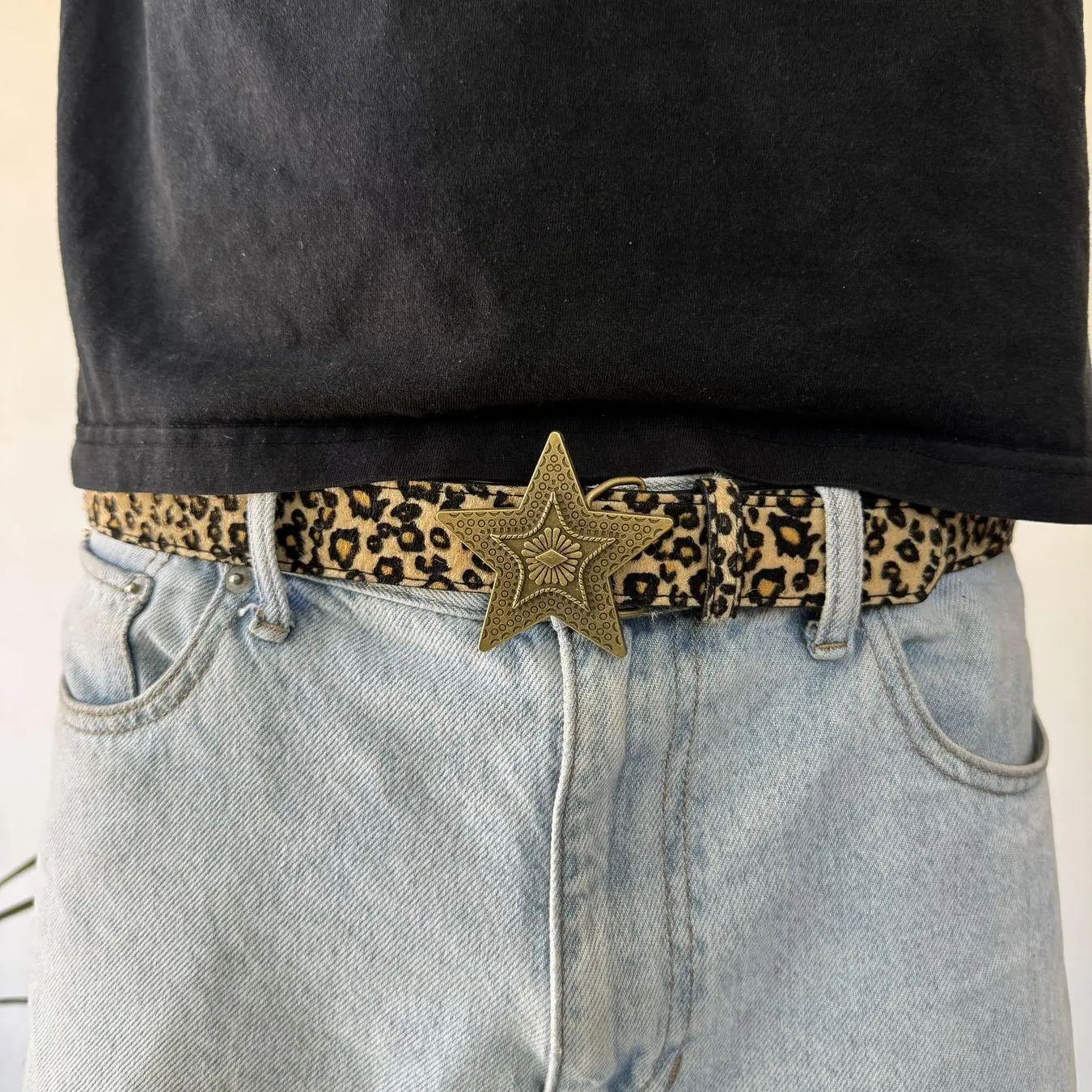 Cheetah Western Belt for Men, Star Buckle Y2K Animal Print Belt