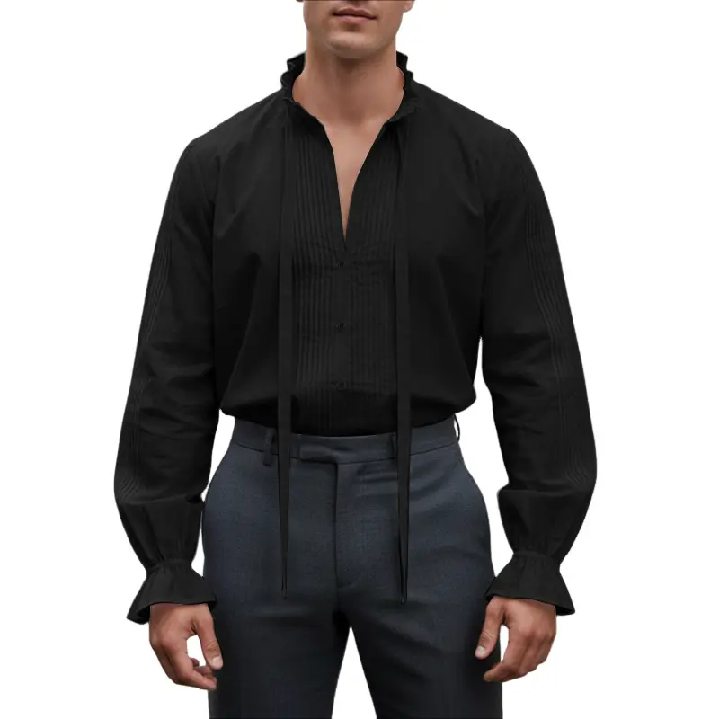 INCERUN Men Lettuce Trim Stand Collar Long Sleeve Buttons Pleated Blouse Party Casual Solid Shirt Tops
