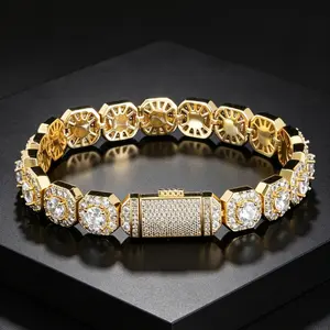 Men's Iced Out Sugar Chain Bracelet Moissanite 18K Gold Plated Stainless Steel Hip Hop Cuban Link Style Trendy Streetwear Luxury Bracelet Jewelry Gift for Men