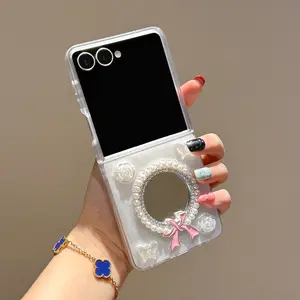 Round Mirror Butterfly Flower Phone Case, Sweet Dollar Element, Self-Mirror for Makeup, Fits Samsung Galaxy Z Flip 3/4/5/6/7, Fashion Protection