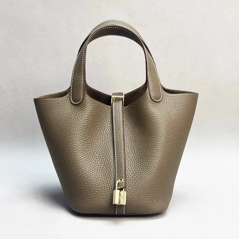 Women's Bucket Bag, Retro Lychee-Patterned Faux Leather Casual Handbag with an Inner Pouch, Top Handle, and Oval Snap Lock, Casual Handbags