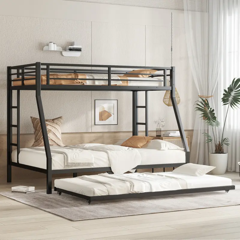 Twin over Full Bunk Bed with Twin Size Trundle, Heavy-Duty Metal Bunk Bed Frame, Noise Free, Black Twin over Full Bunk Bed with Twin Size Trundle, Heavy-Duty Metal Bunk Bed Frame, Noise Free, Black
