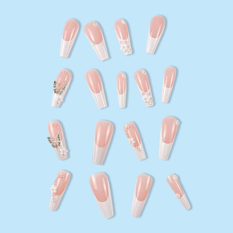 24pcs 3D Flower & Butterfly Decor Fake Nail & 1 Count Tape & 1 Count Nail File, Artificial Pearl Decor Fashion Press on Nails for Women & Girls Diy Nail Art, Elegant Stick on Nails Kit