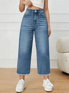 Light Wash High Waist Cropped Wide Leg Frayed Hem Women's Denim Jeans