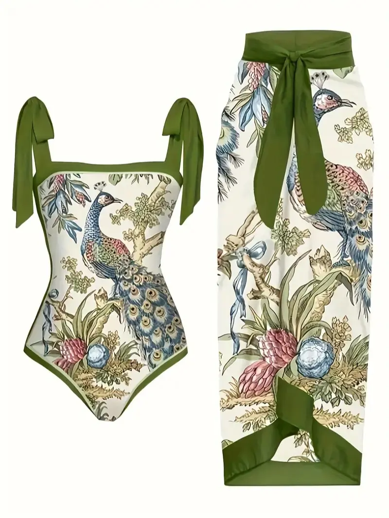 Women's Peacock Print 2-Piece Swim Set - Tie-Shoulder Top with Adjustable Ties, Olive Green Contrast Wrap Skirt Swimdress for Beach Sports, Poolside Wear, Machine Washable
