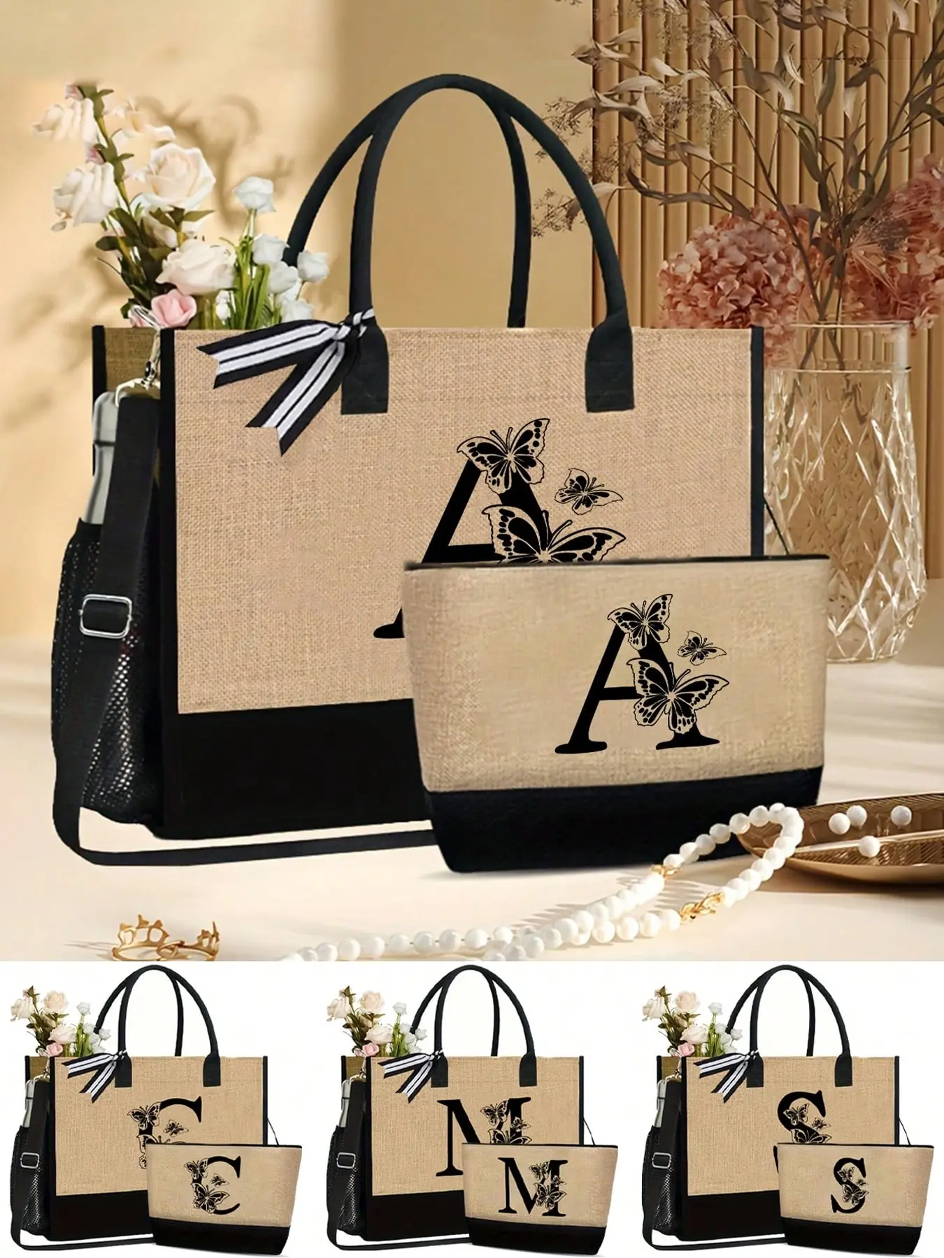 Black Butterfly LetterA-Z, Letter Printed Bag, Black Initial Tote Bags, Monogram Tote Bags, Large-Capacity Handbag, Portable Casual Shopping Bag, Multifunctional Makeup Bag, Suitable For Birthday, Beach, Holiday