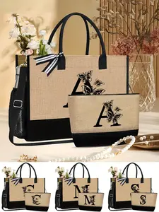 Black Butterfly LetterA-Z, Black Initial Tote Bags, Fashionable Tote Bag, Simple Large-Capacity Handbag, Portable Casual Shopping Bag, Multifunctional Makeup Bag, Suitable For Birthday, Beach, Holiday, New Year'S Gift, Valentine'S Day Gift