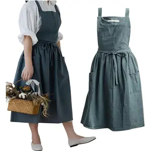 STANDARD GOODS Cotton and linen Kitchen Cooking Aprons Dress for Women with Pockets Cute for Baking Painting Gardening Cleaning