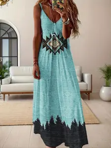 Women's Geometric Print  Cami Spaghetti Strap Dress, Casual Boho Chic Style Sleeveless Dress for Beach Holiday Vacation, Ladies Clothes for All Seasons Bohemian Sun Dress