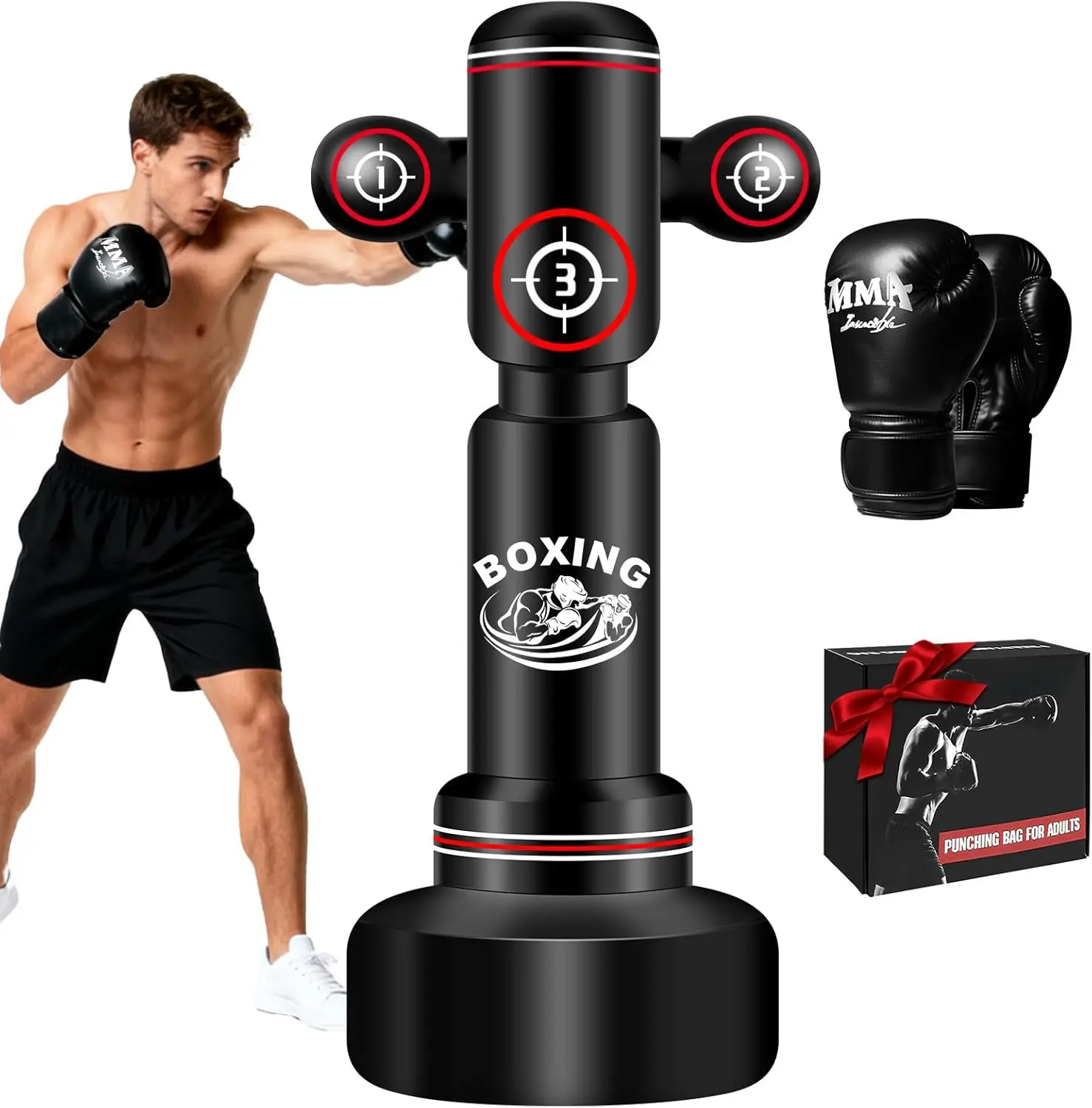 Freestanding Punching Bag with Gloves, 70'' Heavy Boxing Bag with Stand for Adult Teens, Standing Women Men Inflatable Kickboxing Bags for Beginners Training MMA Muay Thai Fitness JUOIFIP