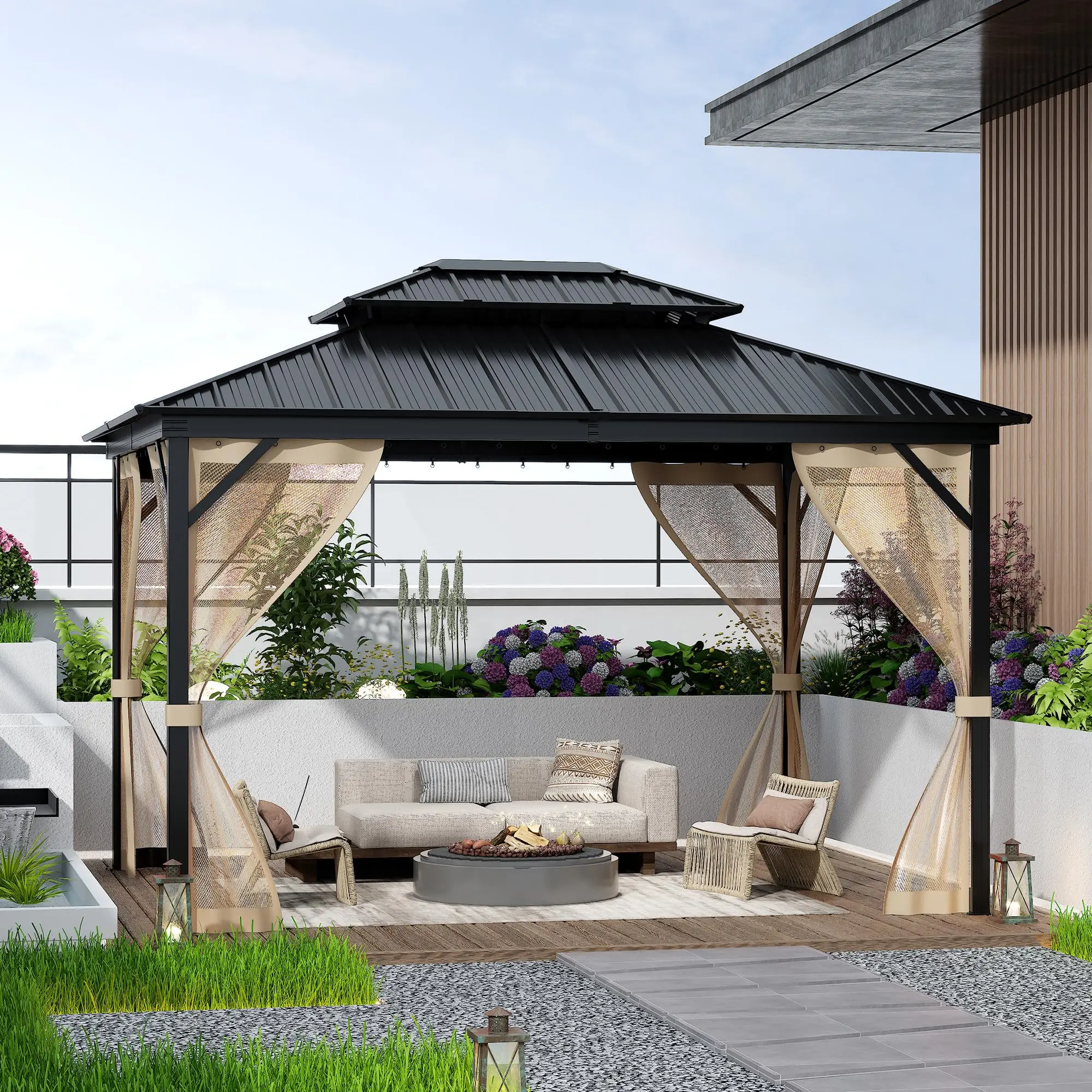 Garvee 10 x14Ft Hardtop Gazebo for All Weather, Outdoor Gazebo with Double Metal Roof, Aluminum Frame Gazebo with Net and Curtain, Heavy Duty Canopy for Patio, Deck, Backyard, Lawn, and Garden