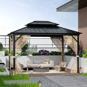 Garvee 10 x14Ft Hardtop Gazebo for All Weather, Outdoor Gazebo with Double Metal Roof, Aluminum Frame Gazebo with Net and Curtain, Heavy Duty Canopy for Patio, Deck, Backyard, Lawn, and Garden